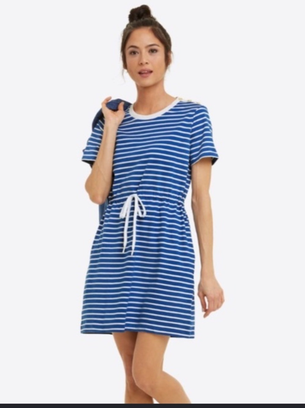Draper James Button Shoulder Drawstring Waist Striped Blue & White Dress